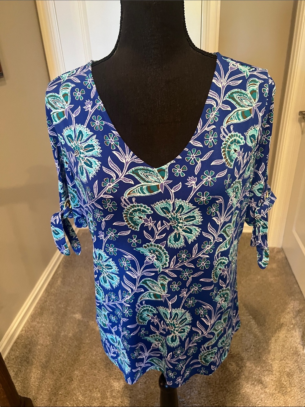 Liz Claiborne Royal Blue Floral V-Neck Tunic with Tie Sleeves